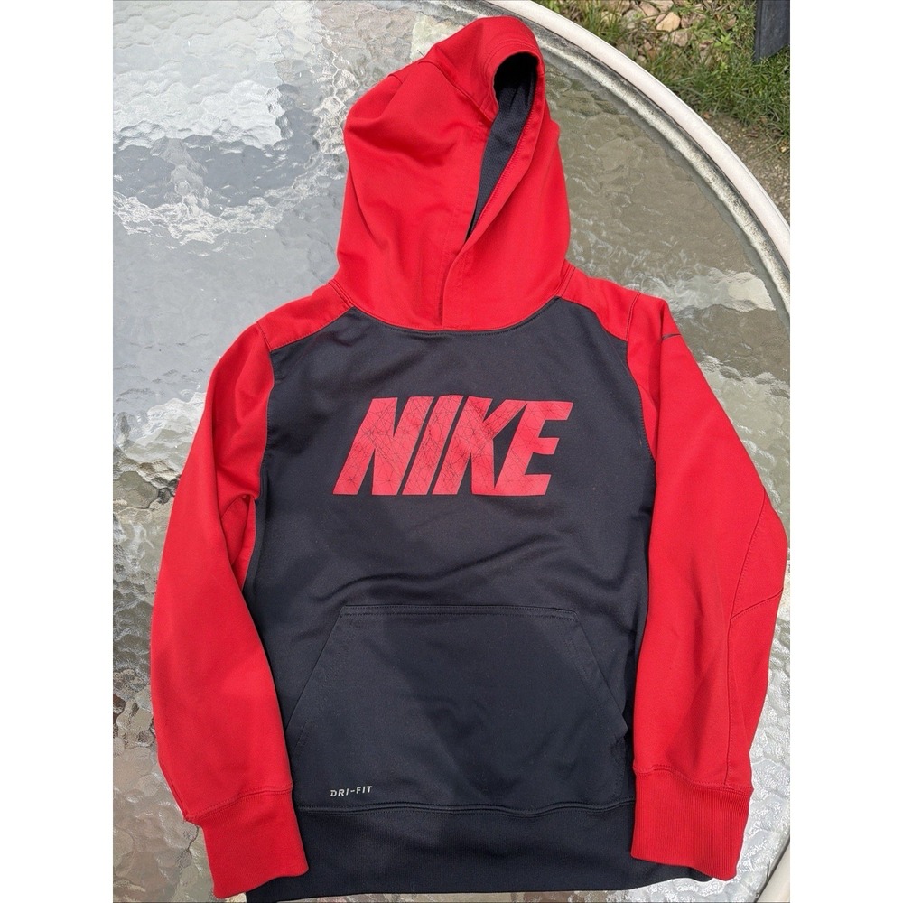 Nike Dri fit boys Medium black red logo pullover hoodie